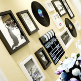 黑白唱片全实木相框创意照片墙 客厅酒吧黑胶唱片背景装饰相框墙