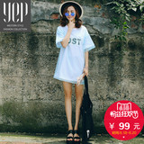 YEP2016夏新品韩版欧根纱长款宽松印花T恤拼接假两件短袖上衣女