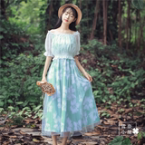 韩版夏季少女学生一字领露肩长裙文艺小清新中长款雪纺显瘦连衣裙