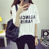 韩版新款短袖白色 T恤女夏装竖条纹字母印花百搭上衣女学生棒球风