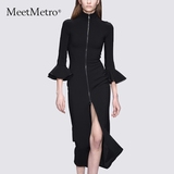 MeetMetro2016春装七分袖黑色礼服立领修身包臀连衣裙中长款女装