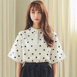 2016夏季新款韩版波点宽松蝙蝠袖棉麻立领衬衫女上衣女