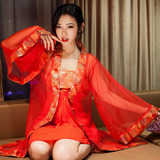 古装唐朝贵妃装刺绣肚兜蕾丝红色结婚睡袍和服情趣内衣女性感透明