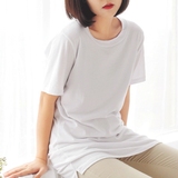 宽松中长款短袖T恤女韩国范BF风休闲直筒开叉纯白色圆领棉打底衫