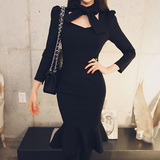 2015年秋装新款长袖连衣裙黑色鱼尾性感修身包臀裙打底裙韩版女装