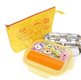 韩国进口宝宝餐具PORORO小企鹅儿童不锈钢密封盖饭盒餐盘配袋子