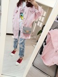 飞飞韩国东大门代购2016夏季新款女 粉色中长 多口袋翻领牛仔外套