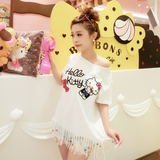 韩版学院风少女可爱kitty刺绣卡通流苏棉质宽松短袖圆领学生T恤夏