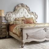美式实木床法式复古做旧仿古雕刻双人软包床1.8欧式布艺拉扣婚床