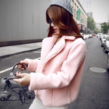 东大门女短款秋冬新款韩版宽松显瘦加厚粉色呢子大衣羊羔毛外套