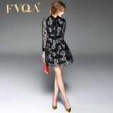 FVQA2016新款正品秋款女装欧根纱收腰显瘦印花连衣裙衬衫袖连衣裙