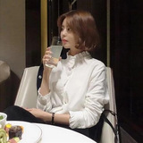 2016春装新款韩版甜美长袖衬衫百搭荷叶边立领气质棉麻衬衣女