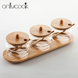 onlycook 创意欧式玻璃调味罐套装 竹木盖厨房调味盒 调料瓶放盐