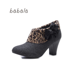 babala芭芭拉 品牌女鞋新款秋冬 豹纹蝴蝶结气质绒面高跟短靴