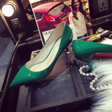 2015新款春秋时尚性感绿色细跟尖头中跟低跟高跟漆皮女单鞋工作鞋