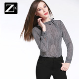 ZK蝴蝶结系带黑白条纹长袖雪纺衬衫女装修身百搭衬衣2016春装新款