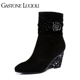 Gastone lucioli歌斯东尼秋冬镂空玫瑰女鞋 尖头坡跟羊绒短靴包邮