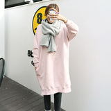 2015秋冬新款韩版宽松大码女装粉色长款口袋开叉外套卫衣加绒衫