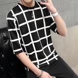 男装2015夏季日系修身半袖圆领衣服格子体恤韩版潮流中袖短袖T恤