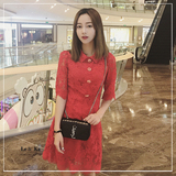香港代购2016秋季新款钻石纽扣红色蕾丝中袖A字修身优雅连衣裙