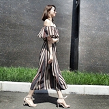 2016夏季新款韩版女装条纹雪纺一字领露肩连衣裙修身显瘦长裙裙子