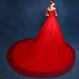 红色婚纱礼服2016新款春季夏新娘一字肩中袖复古齐地修身长小拖尾