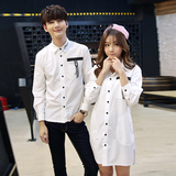 青少年情侣装韩版夏装宽松中长款男女学生衬衫印花长袖班服白衬衣