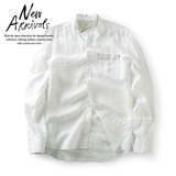 2016夏季新品 潮牌立领贴条棉麻薄款衬衣纯色休闲长袖衬衫 男604