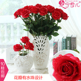 宁雪儿婚庆花束客厅桌面假花仿真花塑料装饰花绢花红色玫瑰花