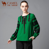 Camel/骆驼女装春装款蕾丝拼接复古灯笼袖绿色长袖雪纺衫女
