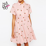 Haoduoyi甜美粉色草莓印花衬衫连衣裙女夏季 短袖翻领雪纺衬衣裙