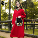 洛竹原创设计绣花民族风个性兔毛宽松长袖针织连衣裙长裙红色女装