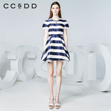 CCDD2016夏装新款专柜正品女拼接横条提花布褶皱A字裙复古连衣裙