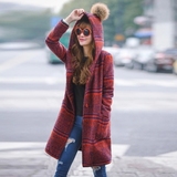 毛呢外套女带帽中长款格子大衣冬季韩版加棉加厚宽松羊毛呢大衣潮