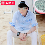 AMH男装韩版2016夏装新款修身迷彩拼接男士七分袖衬衫NX4490恊