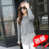 2015灰色修身纯色通勤韩版秋季新款欧美时尚圆领假两件套女针织衫