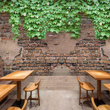 乡村复古旧砖墙饭店背景壁画咖啡厅仿真植物绿色蔓藤墙纸餐厅壁纸
