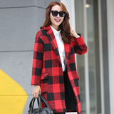 2015秋冬新款女装韩版红黑格子毛呢外套女中长款呢子大衣长袖显瘦