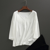 韩国订单 大V领 宽松大码 七分袖短款t恤 纯色罩衫 女 黑白 夏季