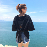 夏季女装韩国时尚小V领背后系带宽松休闲短袖t恤韩版短款上衣显瘦