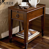 优梵艺术Vinson美式复古实木沙发边几客厅角几带抽小茶几桌子边柜