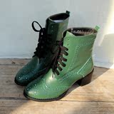 新款系带粗高跟马丁靴墨绿色真皮短靴布洛克雕花短靴保暖靴子