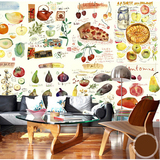 无缝大型壁画中餐厅店背景墙纸手绘茶杯蛋糕糖果蔬菜水果披萨壁纸