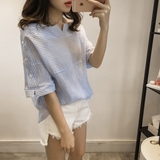 韩国代购 衬衫女2016夏装新款韩版五分袖大码条纹一字领套头上衣