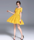 欧洲站2016夏季品牌女装新款黄色短袖蕾丝收腰公主裙蓬蓬连衣裙潮