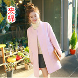 2015冬款韩版加厚加棉中长款甜美粉色圆领毛呢大衣呢子外套女装