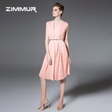 ZIMMUR2016夏季新款女装无袖气质修身欧美时尚百褶粉色连衣裙中裙