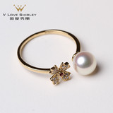 薇爱秀丽【花语】日本AKOYA海水珍珠戒指 正圆 18K黄金钻石 开口