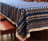 地中海桌布布艺棉麻餐桌布欧式宜家方桌布蓝色条纹田园茶几布桌旗