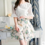 2016夏季新款韩版女装修身长袖欧根纱雪纺上衣印花短裙套装两件套